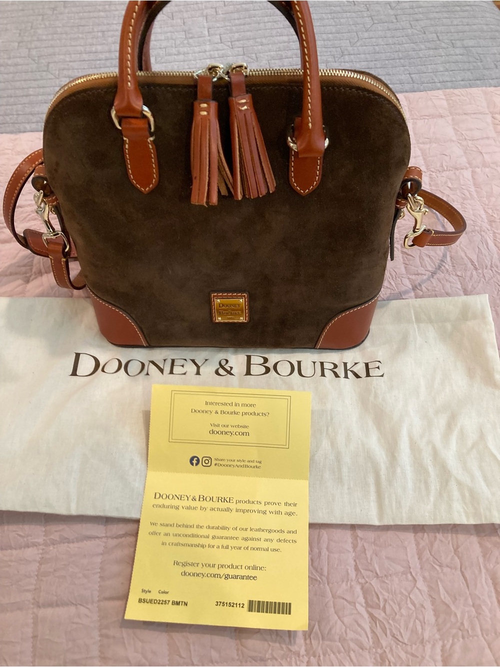 Dooney & Bourke Brown Suede Satchel with Tan Leather Trim